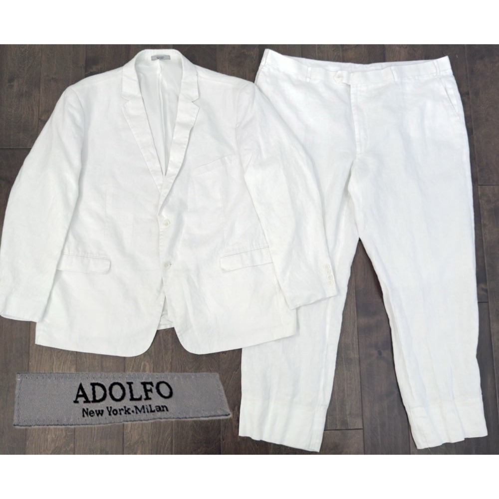 Adolfo Mens White 100% Linen 2PC Suit Jacket Size 52R Flat Front Pants 46X32 EUC